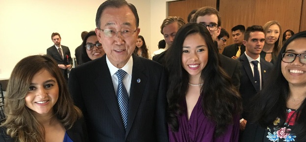 Ban Ki-moon with Asia Media student staff, Lamiya Shaffir '17, Photo credit: Asia Media.