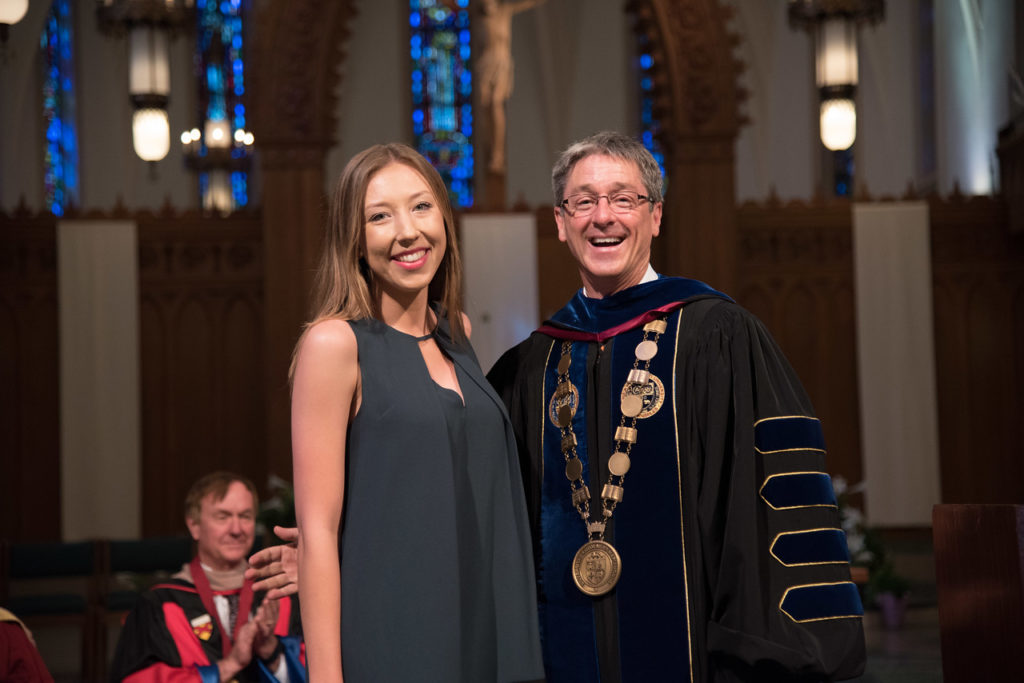 Valedictorian Allison Swenson '16 and President Timothy Law Snyder, Ph.D.