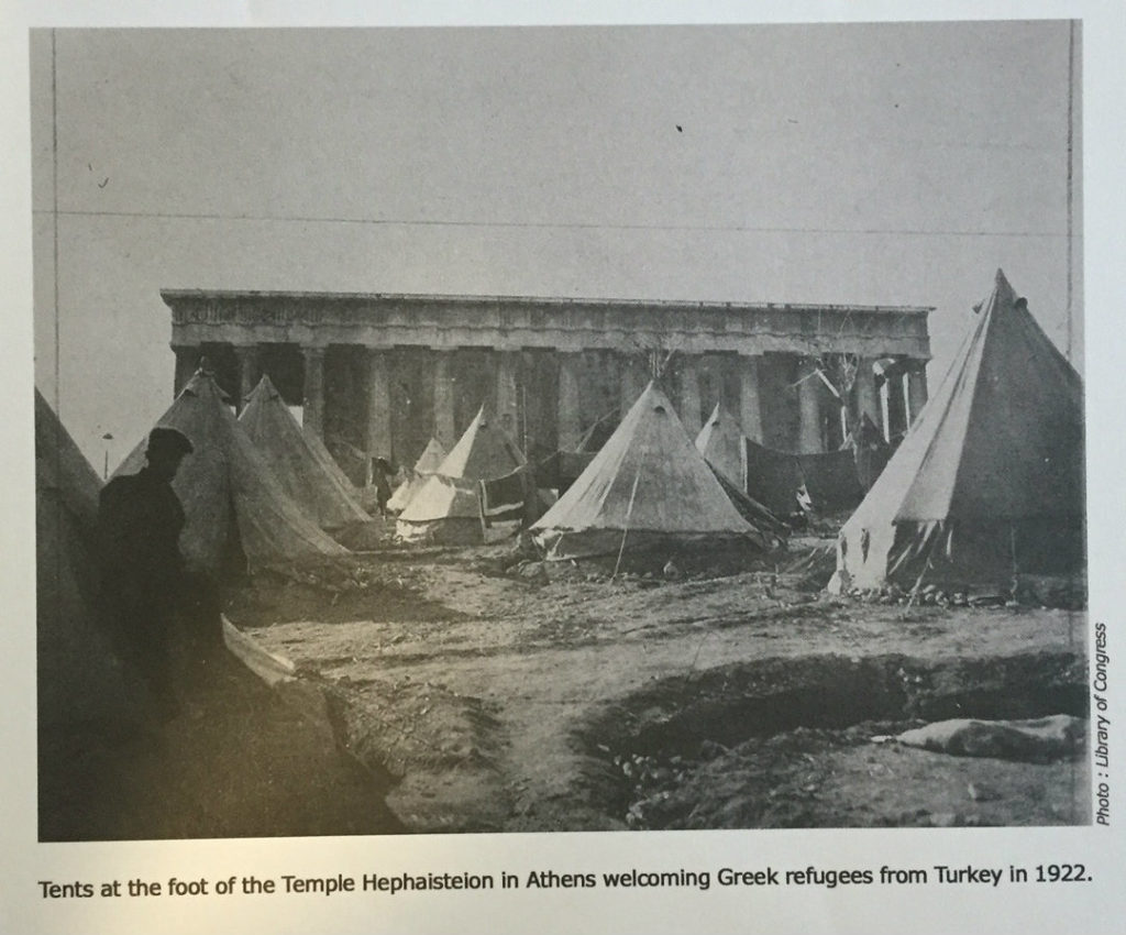 Tents at the foot of the Temple Hephaisteion in Athens welcoming Greek refugees from Turkey in 1922, source of the Library of Congress 